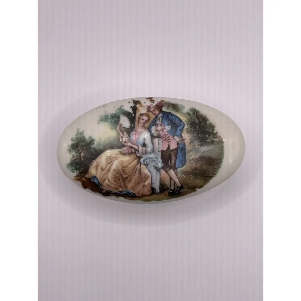 Box Lot of 2 Vintage Porcelain Top Painted‎ Hinged Trinket Pill Boxes Stash Box